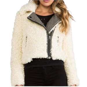 Free People Cream Faux Shearling Moto Jacket Herringbone Lined Womens Small